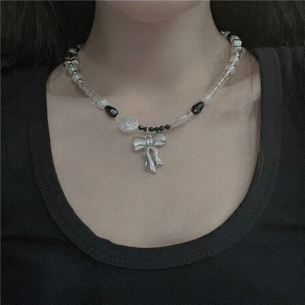 Silver Bow Knot Beaded Faux Pearls Pendant Necklace Boho Chic Artsy‎